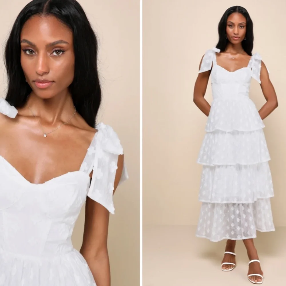 LULU's Bridal Shower Reception Floral Romantic Tiered Ruffles Midi Dress